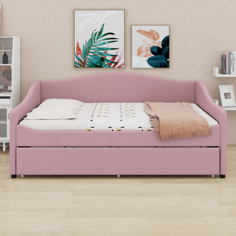 Upholstered Daybed With Light And Trundle, Pink