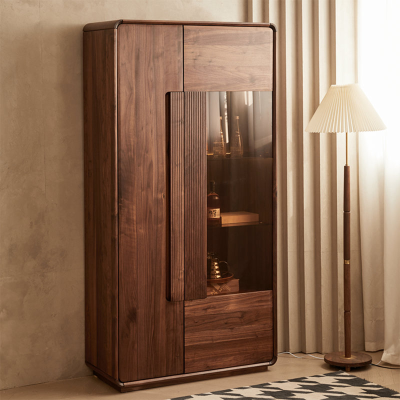 35.83" Black Walnut Solid Wood Wine Cabinet, Glass-Door Storage Display Cabinet for Living Room