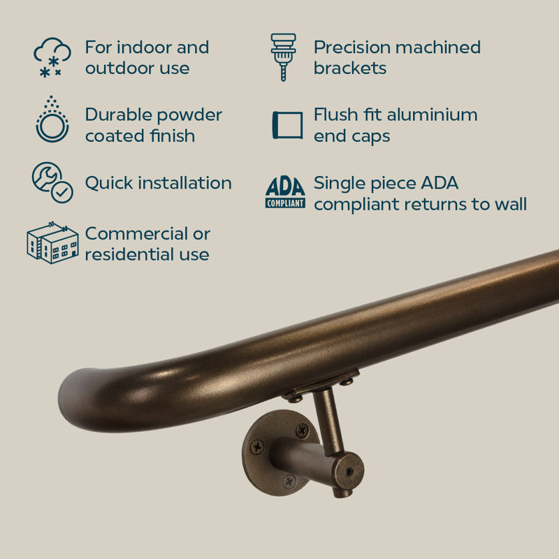 Industrial Aluminum 1.5 Inch Round Ada Complete Indoor/outdoor Straight Handrail Grab Bar Kit, Returns To Wall, Bronze