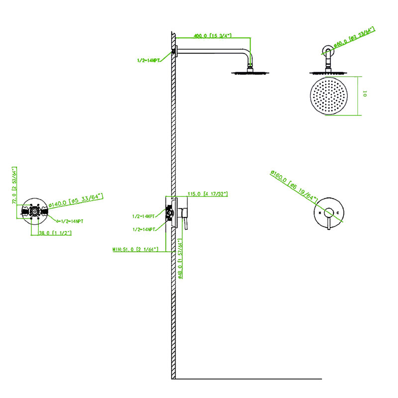 Robinet de douche mural avec valve incluse - Laiton robuste pour un bain rafraîchissant et une douche stable et agréable