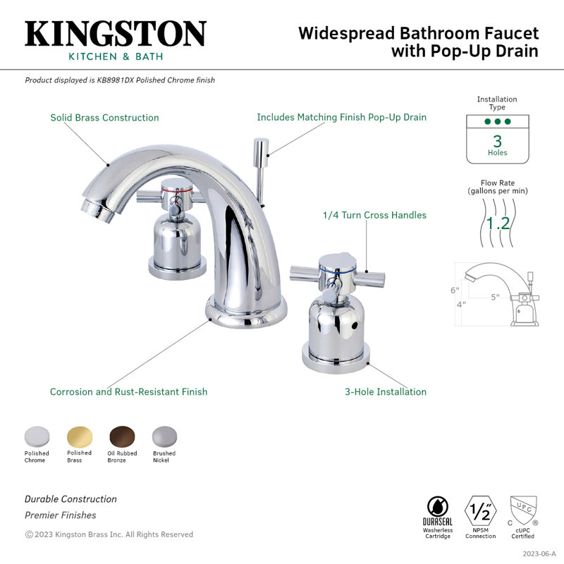 Kingston Brass Concord Two-Handle 3-Hole Deck Mount Widespread Bathroom Faucet with Retail Pop-Up Drain, Polished Brass