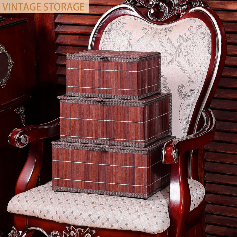 Bamboo Decorative Storage Boxes - Set Of 3 Woven Lined Storage Basket With Lids, Retro Brown Wicker Lidded Baskets For Home Kitchen Shelf Organizer Decor