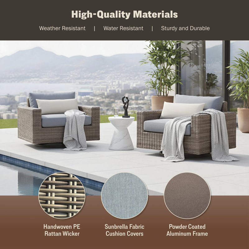 Lava Gray Swivel and Rocking Premier Rattan Wicker Outdoor Lounge Chair With Soft Light Blue Cushions