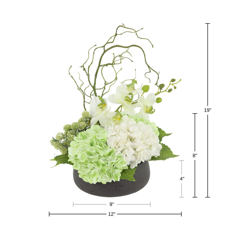 Organic Modern Arrangement with Orchids and Hydrangeas, Light Green