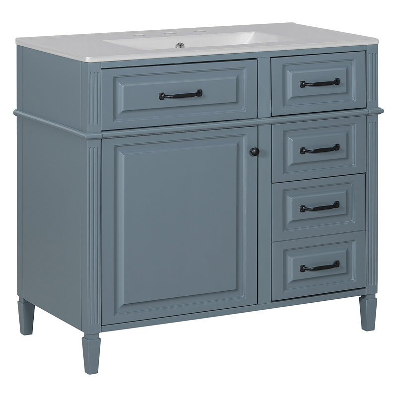 36-Inch Bathroom Vanity With Ceramic Sink Top, Solid Wood Frame And MDF Cabinet, Flip Drawer Design With Adjustable Shelf And Metal Handles, Freestanding Bathroom Storage Cabinet (Faucet Not Included)