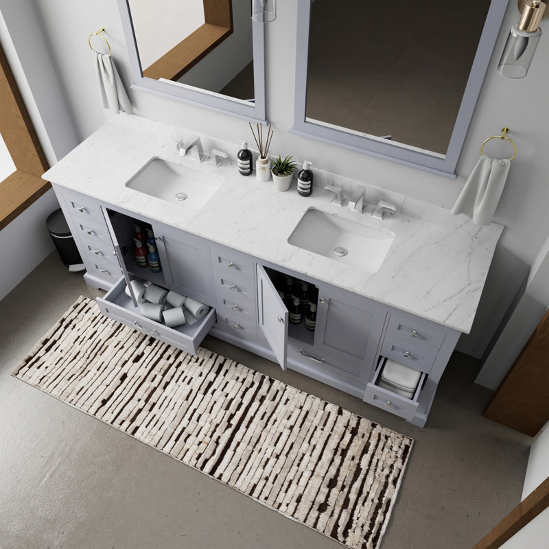 Meuble-lavabo double gris foncé 84 po X P 22 po D, plateau en marbre de Carrare et Miroirs