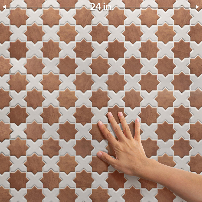 Sentier Des Cotto Star W/Cross 11-7/8 In. X 11-7/8 In. Porcelain Mosaic Tile, Brown/White