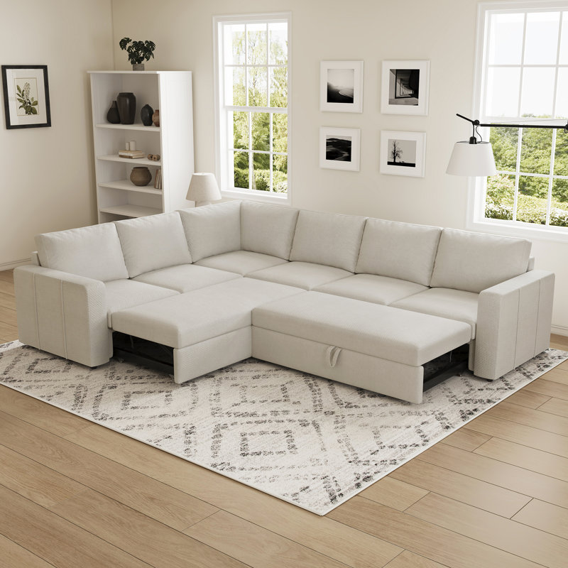 L-Shaped Modular Sleeper Sectional, Chenille - Beige