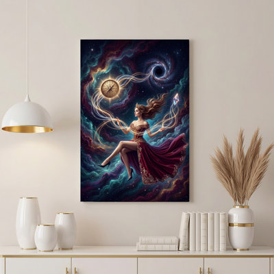 «Woman in Red Dress Floating in Colorful Cosmic Galaxy», art mural sur toile