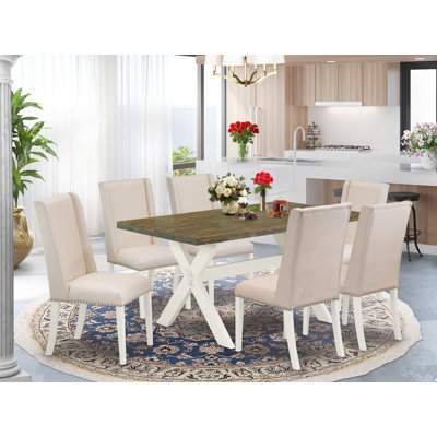 5 Piece Kitchen Table Set for 4 Includes a Rectangle Dining Table with X-Legs and 4 Cream Linen Fabric Parson Dining Room Chairs, Wire brushed Linen White finish