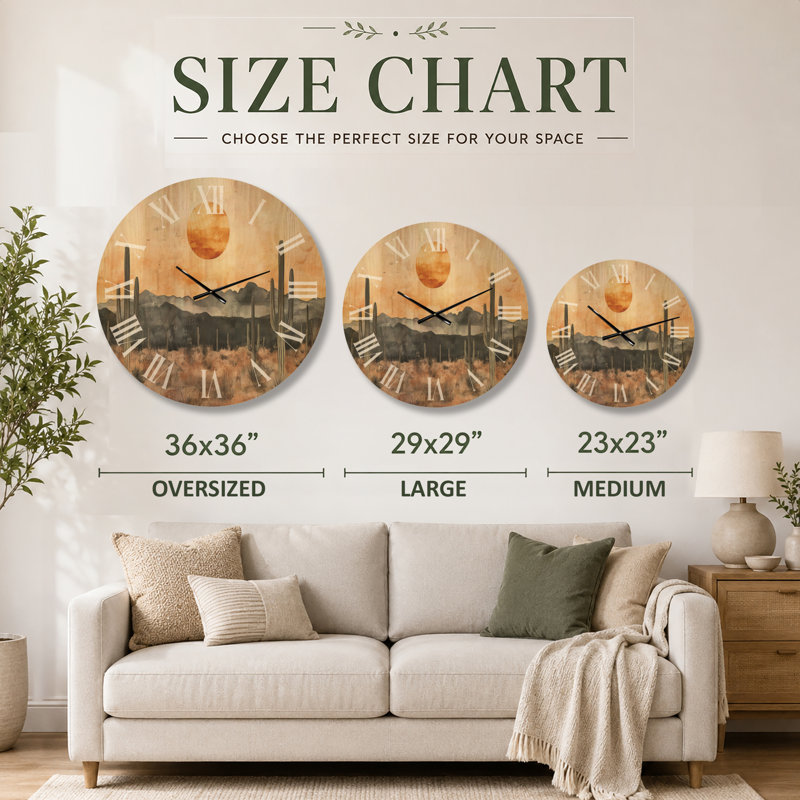 Horloge murale botanique en bois - Silhouette horizon du désert, Medium