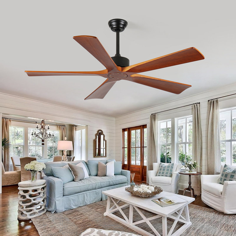60 Inch Ceiling Fans And Remote, Wood Indoor Outdoor Ceiling Fan For Patios Living Room Bedroom 5 Blades DC Motor Mid Century Modern Wooden Fan