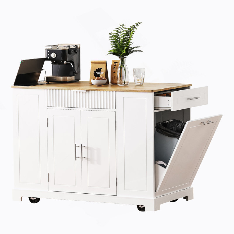 Fluted Kitchen Island with Trash Can Storage Cabinet, Power Outlet, Internal Storage Rack, Rolling Kitchen Islands on 5 Wheels with 3 Drawer, 3 Open Side Racks for 10 Gallon Garbage Bin, White