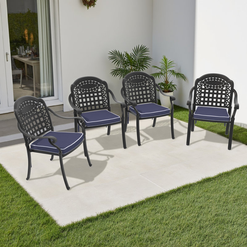 5-Piece 47.24" Round Patio Dining Set with 4 Stackable Chairs, Blue Cushions