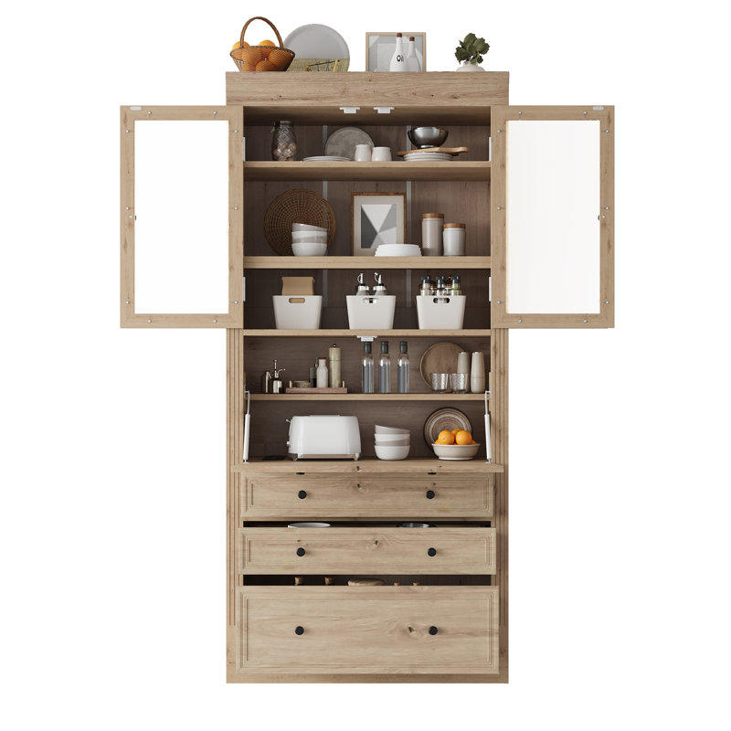 Garde-manger élégant de style shaker Eltera de 78 pouces avec portes en verre et surface rabattable, Naturel