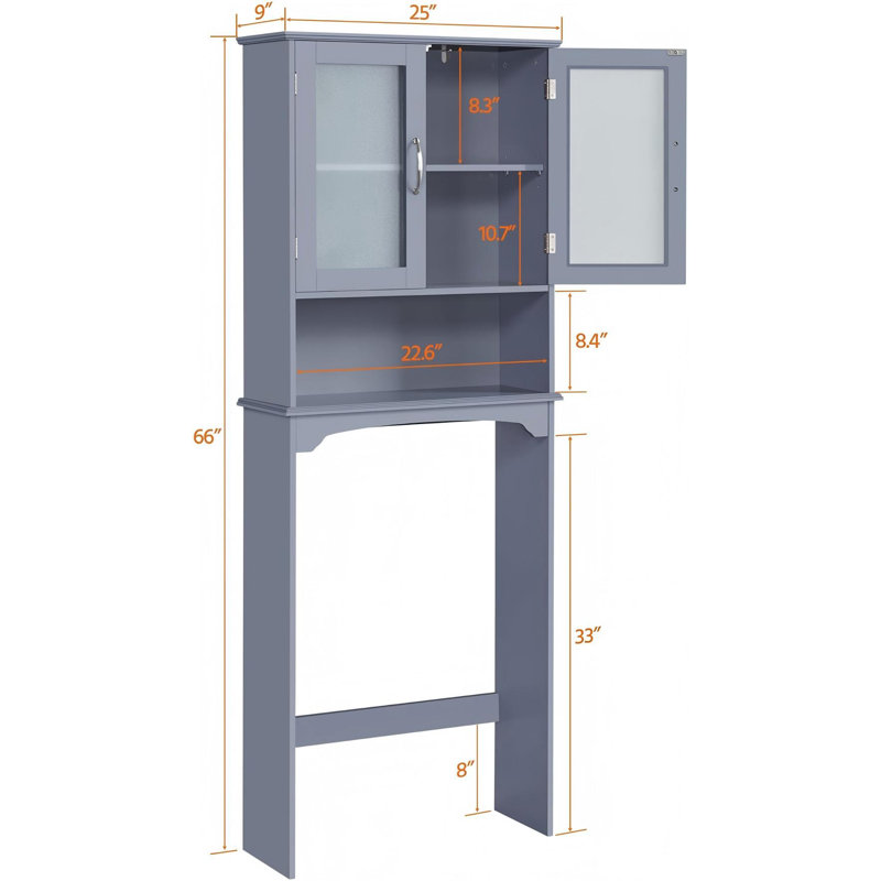 Over The Toilet Storage Cabinet With Double Tempered Glass Doors And Adjustable Shelf, Freestanding Bathroom Storage Rack, 66 Inches Height