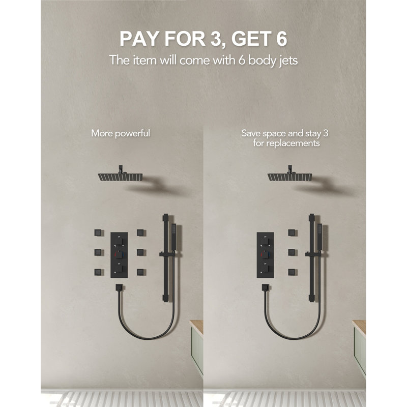 Système de robinet de douche thermostatique avec valve brute, douchette coulissante, Noir mat