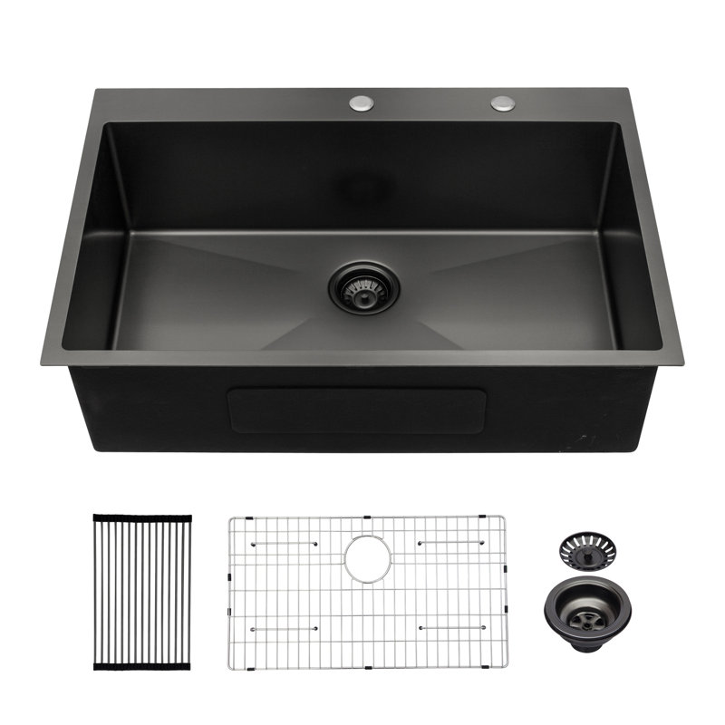30 X 22 X 10 Inch Kitchen Sink Drop In Gunmetal Black 16 Gauge Stainless Steel 30" Single Bowl Topmount Kitchen Sink Basin