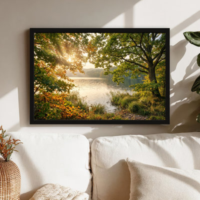 Toile noire encadrée en bois noir pour le salon, la chambre à coucher, le bureau ou le vestibule - décoration murale décorative avec coucher de soleil sur le lac