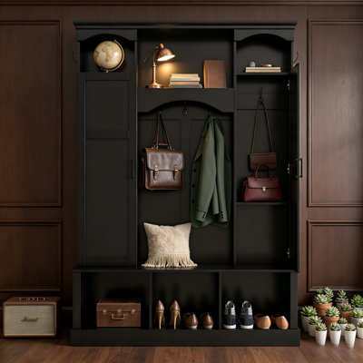Modern Integrated Coat Rack With Adjustable Shelves, Farmhouse-Style Storage Bench, Multiple Hooks – Ideal For Entryway And Hallway Storage.