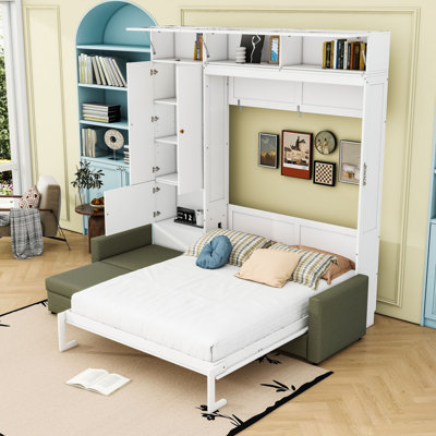 Queen-Size Murphy Bed with Integrated L-Shaped Sofa and Storage Shelves