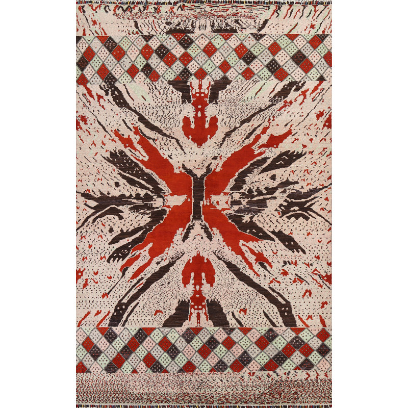 Tapis rouge en laine noué à la main de conception unique Taille 6 pi 7 po x 9 pi 7 po