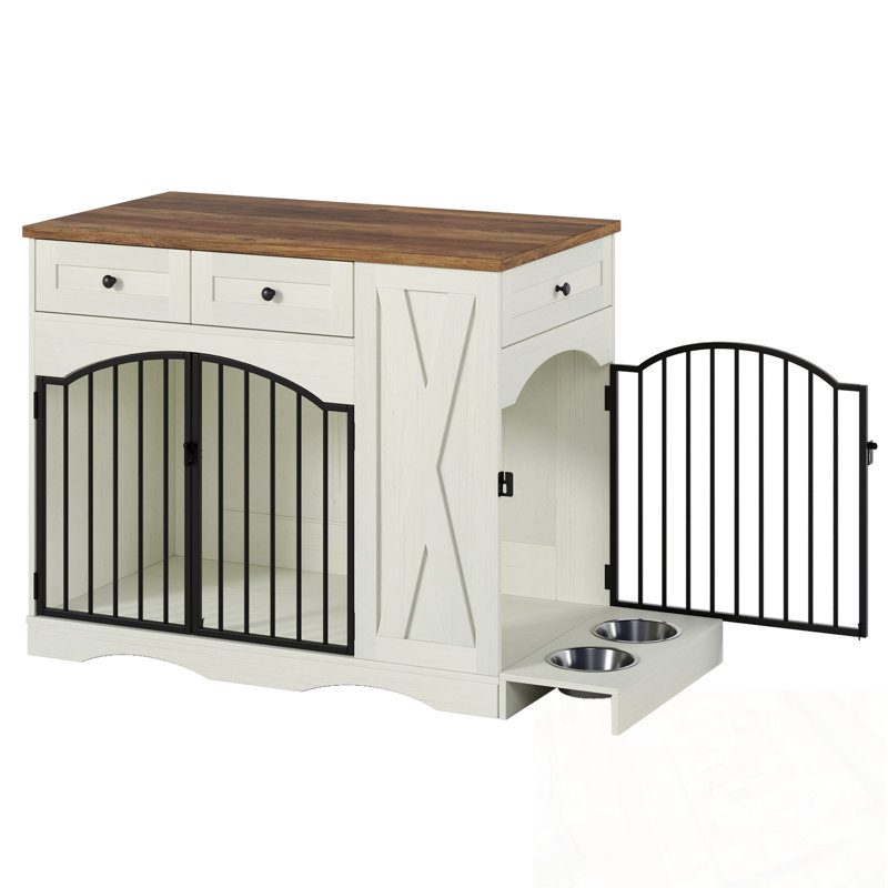 Cage pour chien avec 3 tiroirs et mangeoire amovible, Beige et brun