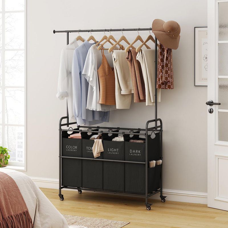 Black Metal Laundry Sorter Cart with Hanging Rack and Wheels