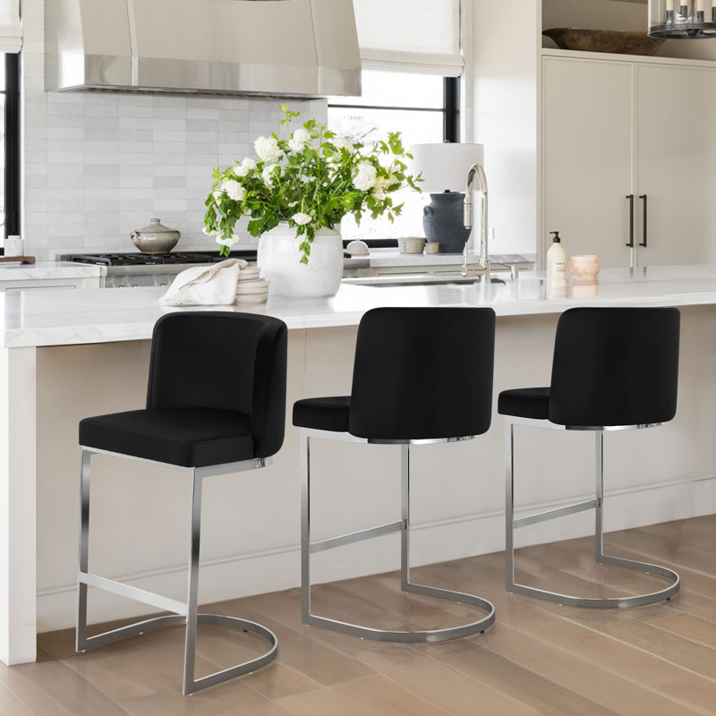 Tabouret de bar et de comptoir moderne à dossier bas de 26 po avec structure en métal , Velours - noir, 2