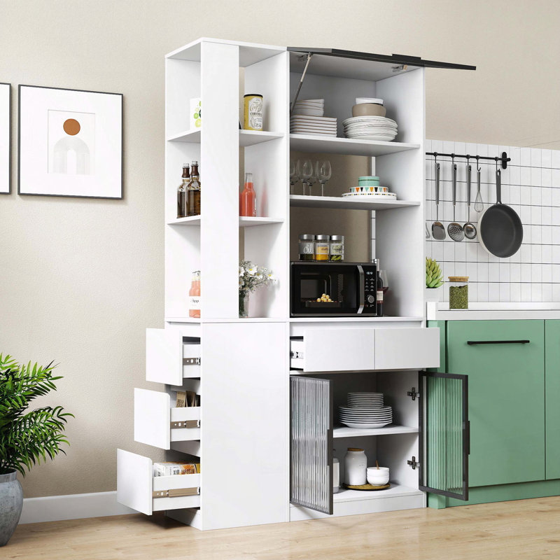 Grande armoire de rangement avec portes en verre, tiroirs et tablettes de présentation, Blanc