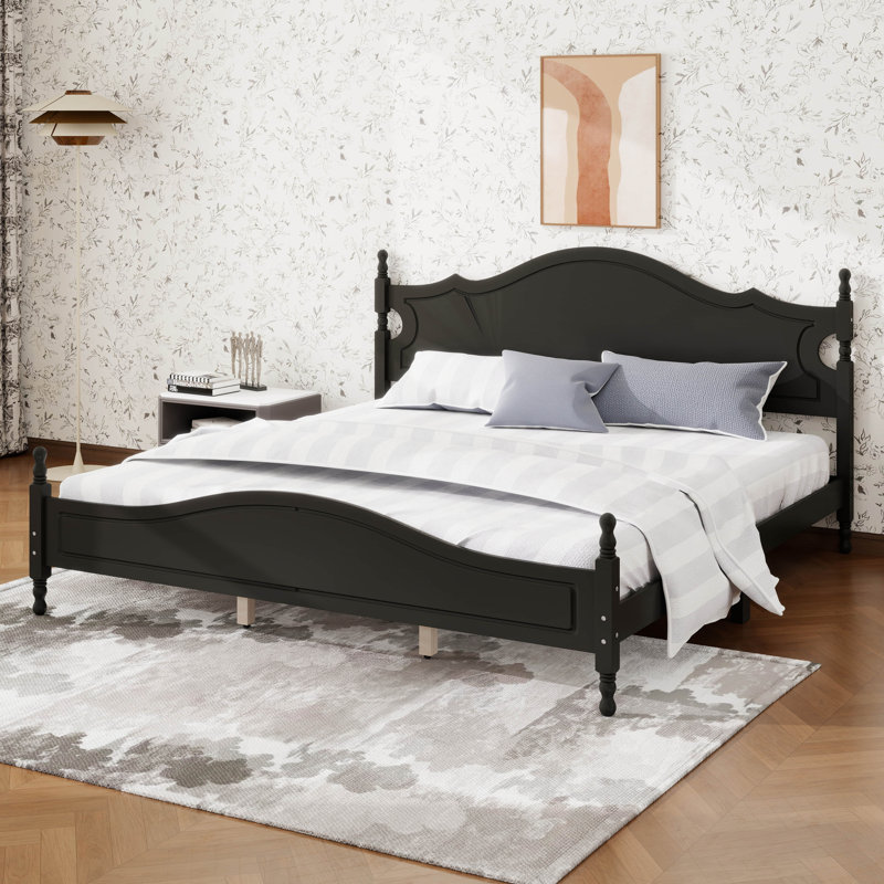 Base de lit en bois rétro, lit plateforme en bois traditionnel avec tête de lit, support de lattes en bois, Black