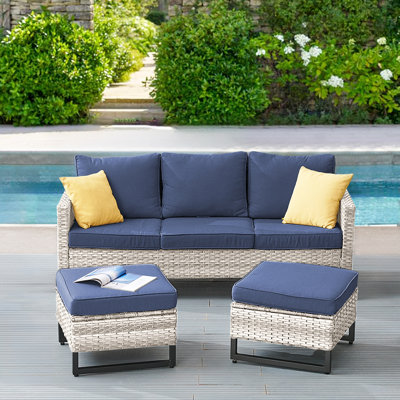 Nazime 74.02" Wide Outdoor Wicker Patio Sofa with Cushions and Ottomans