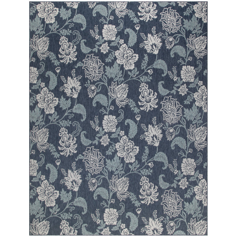 Rectangle Pamilyn Floral Polypropylene Indoor/Outdoor Area Rug in White/Navy Blue, Rectangle 8' x 10'