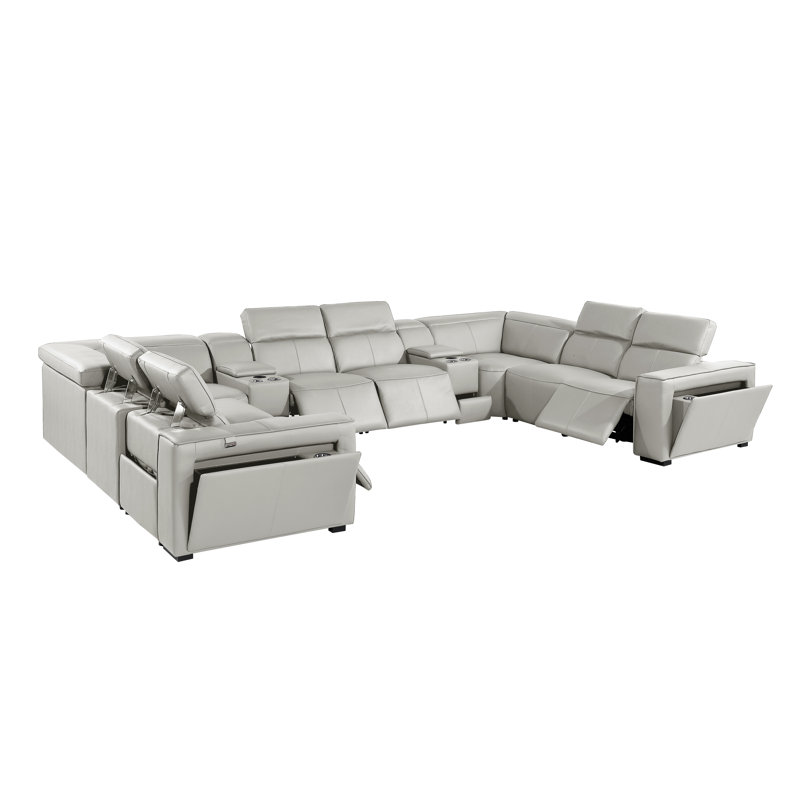 Top Grain Italian Leather 10-Piece U-Shaped Modular Power Reclining Sectional With 4 Power Recliners & Power Headrests