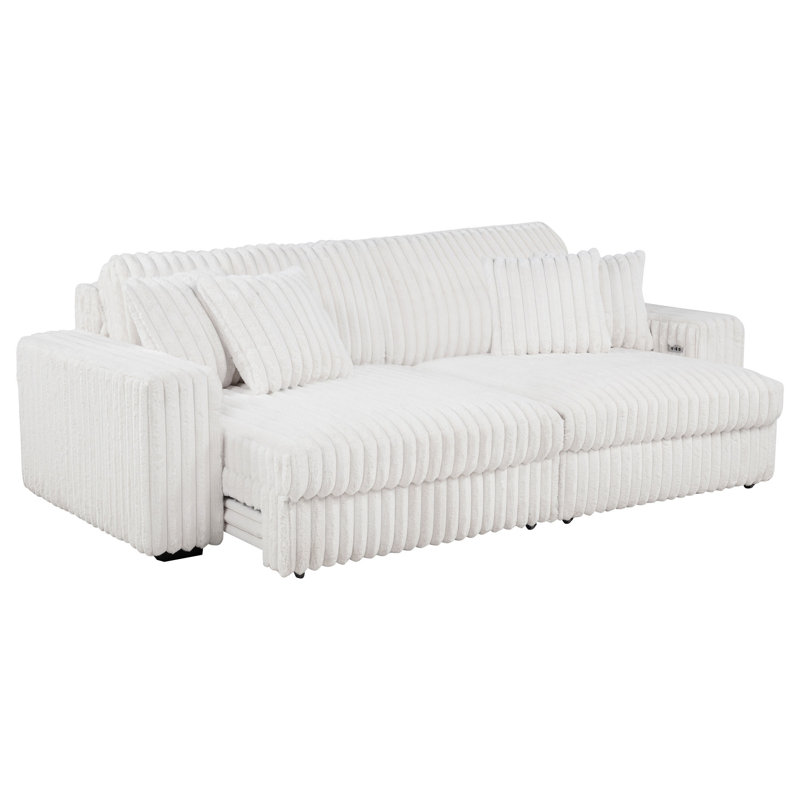 Canapé Zisa avec méridienne double, 4 coussins, ports USB, velours côtelé ivoire