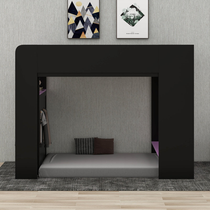 Lit superposé en bois avec bureau réglable en hauteur et garde-robe intégré, cadre de lit mezzanine avec DEL et tablettes de rangement