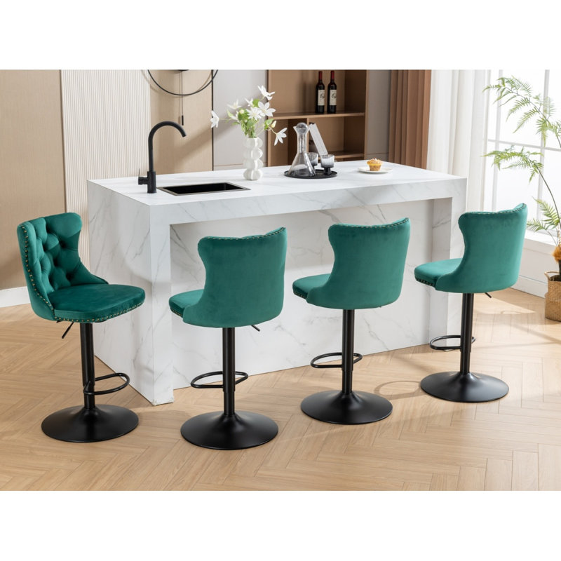 Tabourets de bar pivotants en velours avec siège réglable et dossier capitonné pour la maison et l'îlot de cuisine, Vert