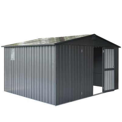Remise d'extérieur gris foncé 11 pi x 9 pi, acier galvanisé, porte verrouillable, grand espace pour les outils et les vélos, structure de construction en acier dans une cour de rangement pour l'extérieur