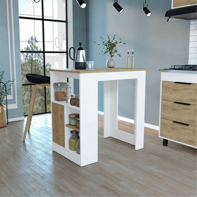 Îlot de cuisine H 36 po, trois tablettes de rangement latérales ouvertes et une armoire à pousser, blanc / macadamia
