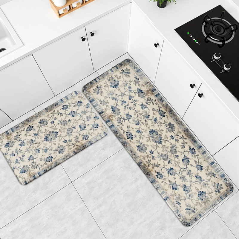 Ensemble de 2 tapis de cuisine à motif floral bleu beige et bleu pour la cuisine et le salon