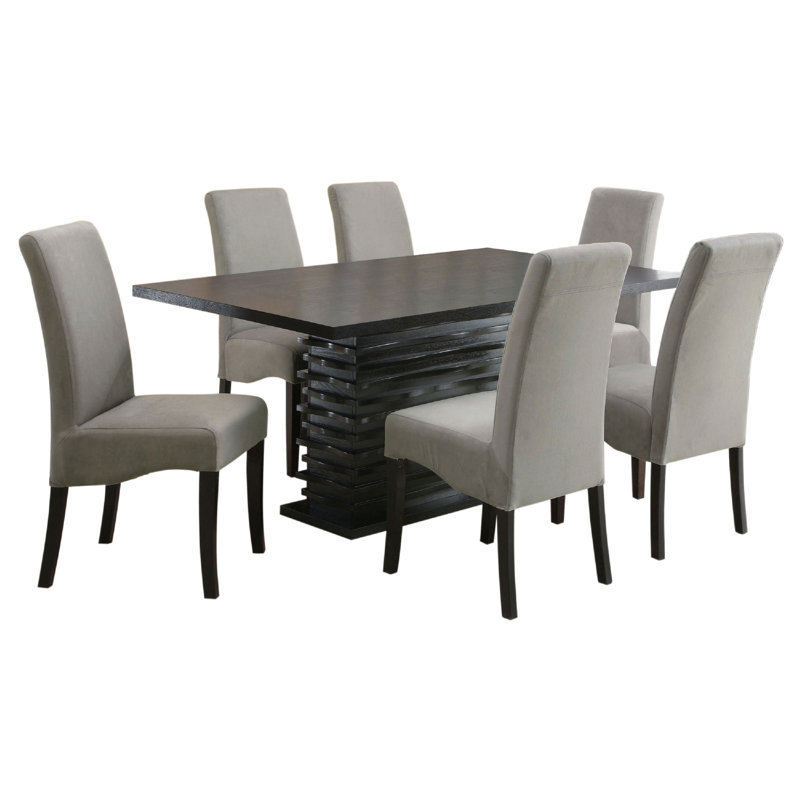 Pedestal Dining Set in Gray and Black, 7 Pieces: Table, 6 Chairs, 30"H x 65.75"L x 42"W