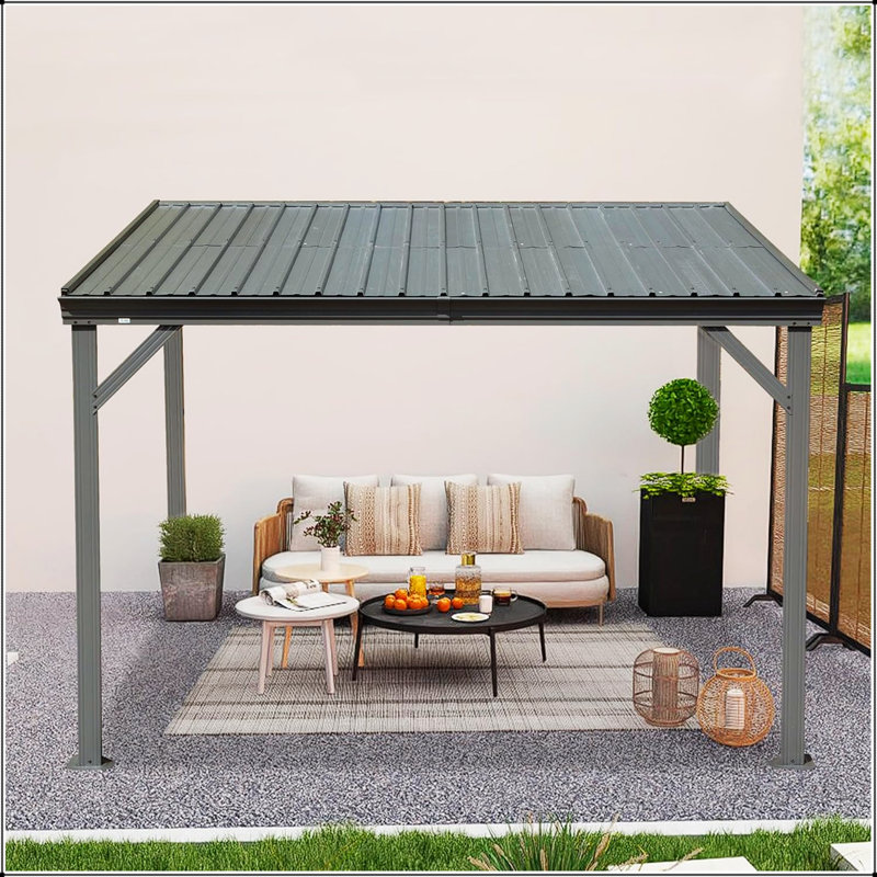 Pavillon de jardin mural 8 pi x 10 pi avec système de drainage amélioré, toit incliné en acier galvanisé pour patio et cour arrière