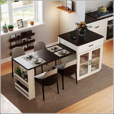 Îlot de cuisine extensible avec table coulissante, supports de rangement et prise de courant pour 2 à 6 personnes, finition grain de bois noyer