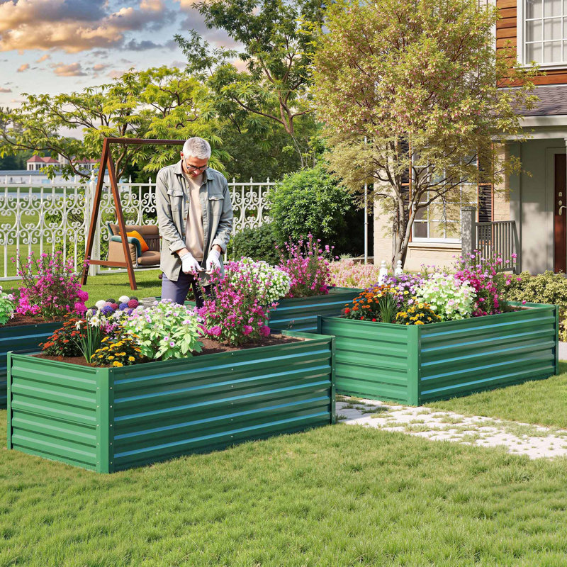 Set of 2 Metal Raised Garden Bed, 180x90x54cm, 58cm H x 180cm W x 90cm D, Green