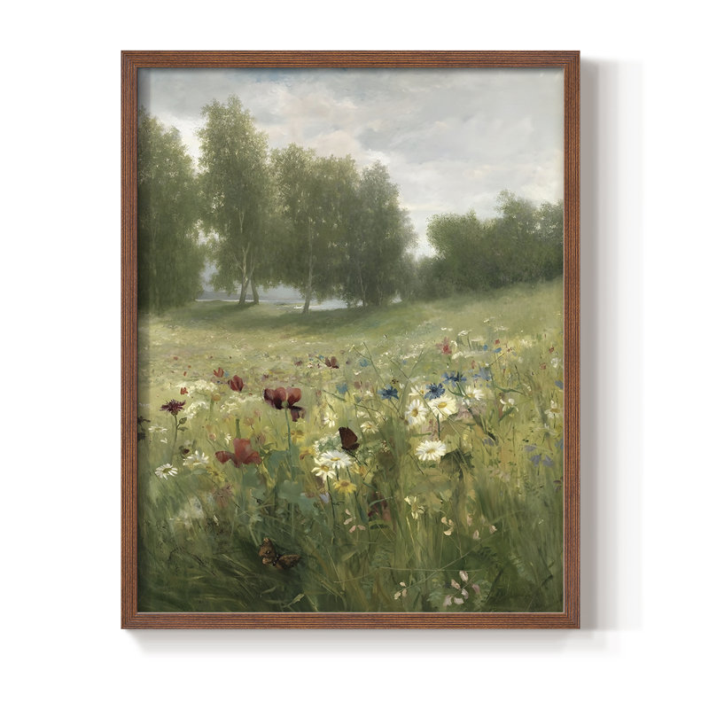 Reproduction florale rétro avec encadrement Ccc - bois massif, Noyer, H 30 po x l 24 po