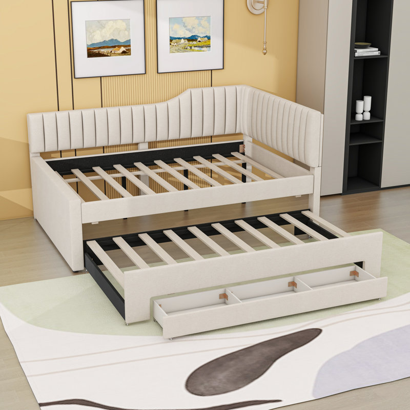 Upholstered Daybed with Trundle and 1 Drawer, Beige, Full/Double
