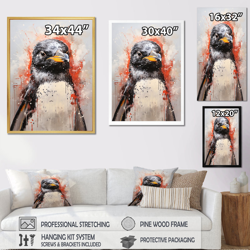Nuccia - Portrait de pingouin crème - imprimé, Toile noire à cadre unique, H 20 po x l 12 po x P 1 po