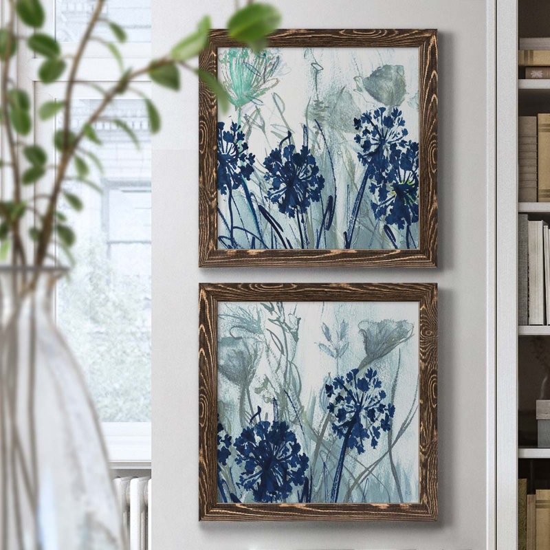 Indigo Field I - ensemble de 2 peintures sur toile encadrées, H 17 po x l 34 po x P 1,5 po, Encadré de bois de noyer