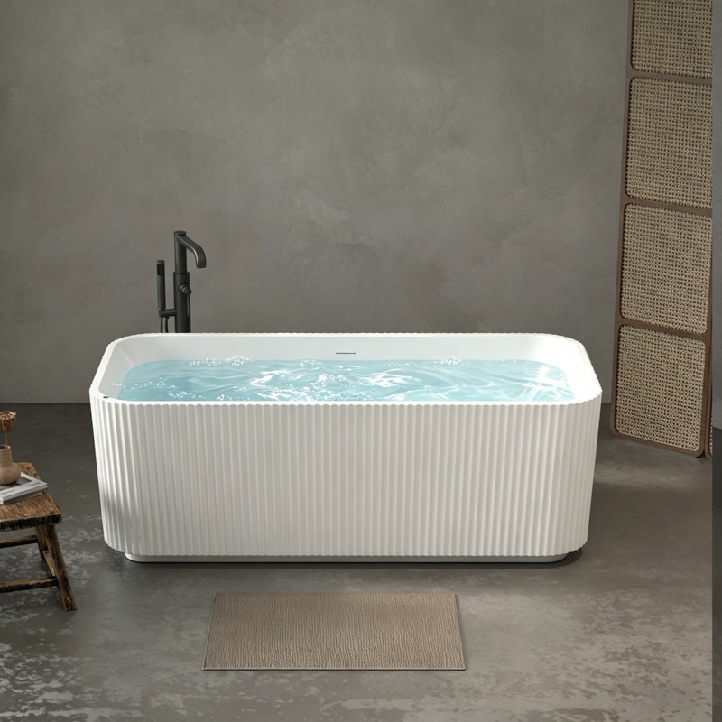 67" Rectangle Linear Acrylic Massage Whirlpool Bathtub Freestanding Bathtub Stand Alone Soaker Tub, Glossy White Acrylic, POP-UP Chrome Drain, cUPC Certified 
