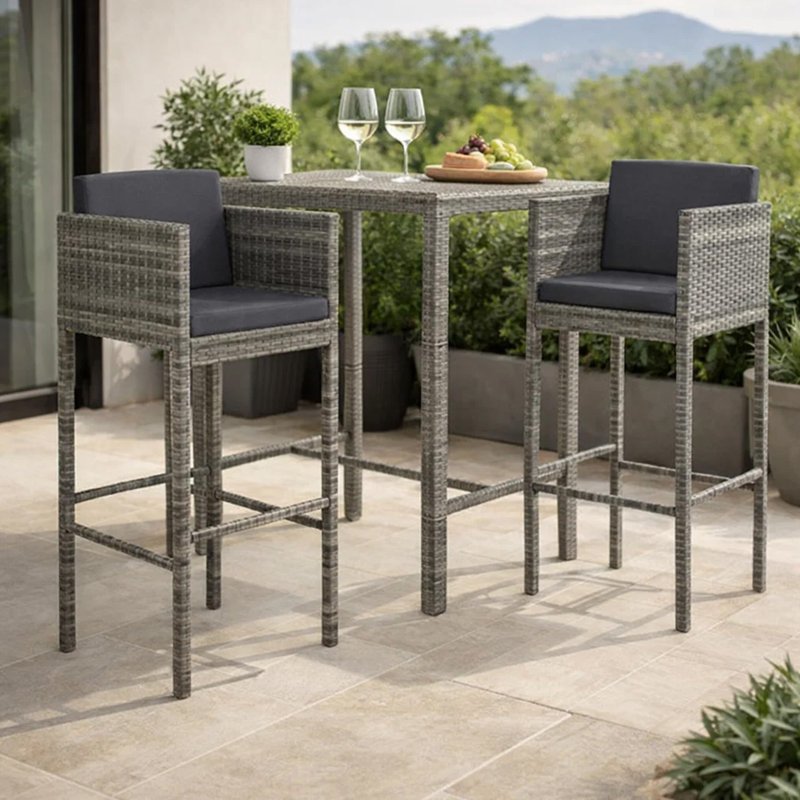 Ensemble de 4 chaises tabouret d'extérieur Lexy, tissu noir et rotin gris
